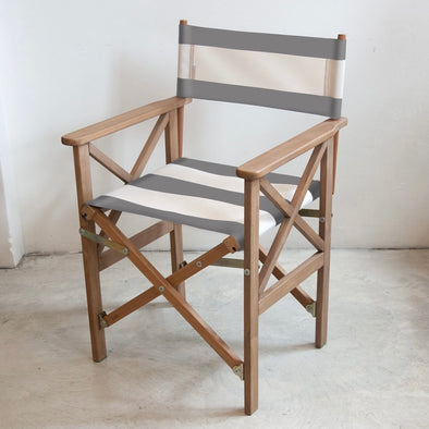 Directors Chair (Teak) - Sunbrella Block Stripe - Light Grey/White
