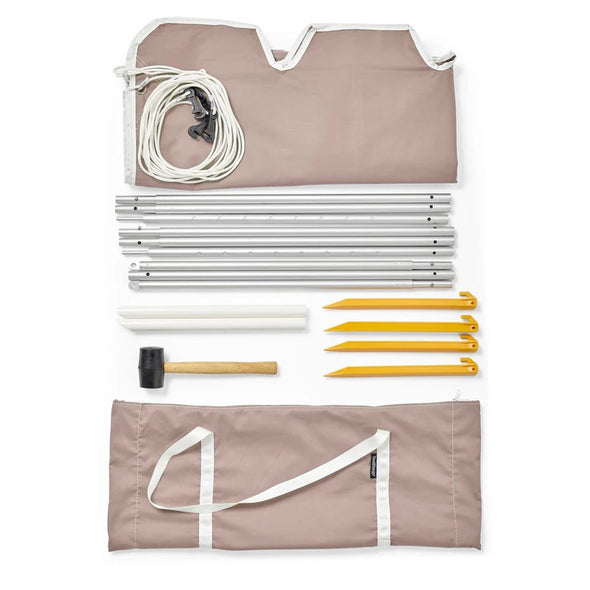 Beach tent frame, ropes, stakes, and a hammer on a white background.