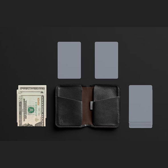 Black wallet with cards and money on a dark background