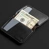 Black wallet with a dollar bill and card on a dark background