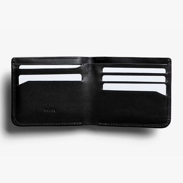 Black leather wallet with card slots on a white background