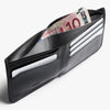 Black wallet with money inside on a white background