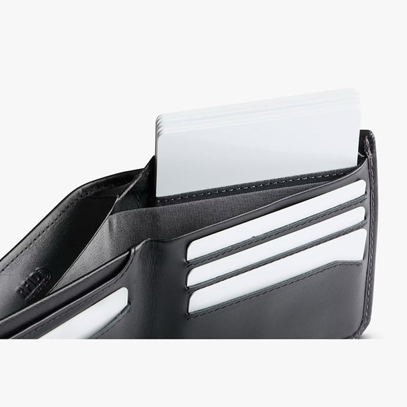 Black wallet with white card holder on a white background