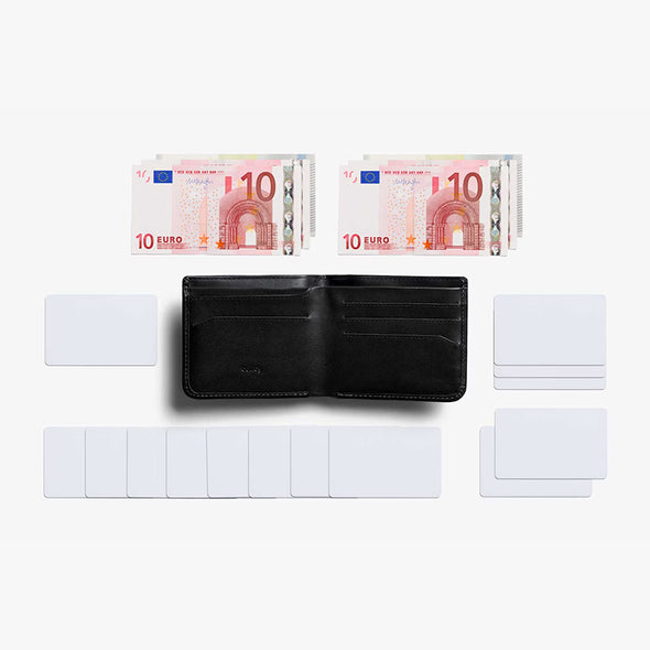 Black wallet with Euro banknotes and cards on a white background
