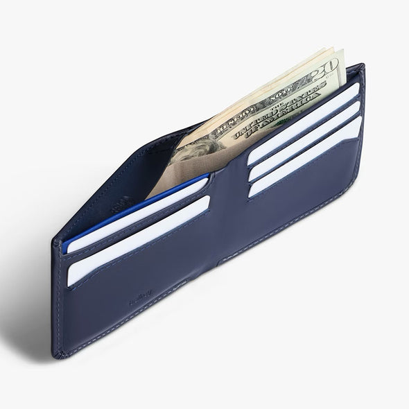 Navy blue wallet with money on a white background