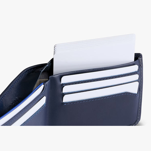 Blue wallet with white card slots on a light gray background
