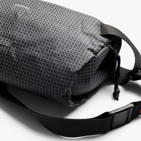 Black textured crossbody bag on a white background