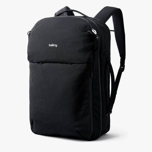 Black backpack with 'bellroy' branding on a white background