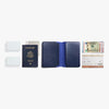 Blue passport holder with various travel documents on a white background