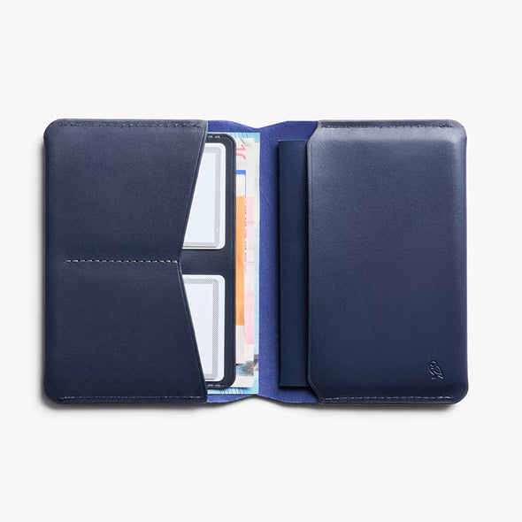 Blue wallet with card slots on a white background