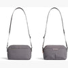 Gray crossbody bag shown from two angles on a white background