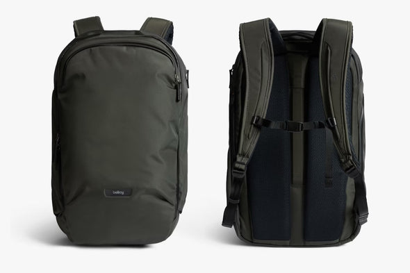 Two views of a olive green backpack on a white background