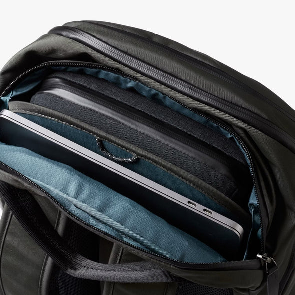 Bellroy Transit Workpack Pro 28L Olive backpack with a laptop compartment on a white background