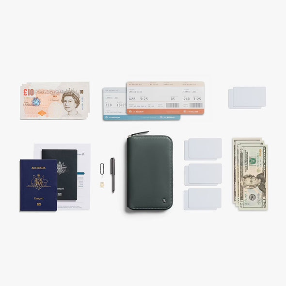 Collection of travel-related items including a wallet, passport, tickets, and money on a white background