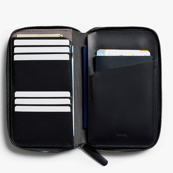 Black leather wallet with card slots on a white background