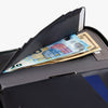 Black wallet with money, including Euro and US dollar bills, on a white background