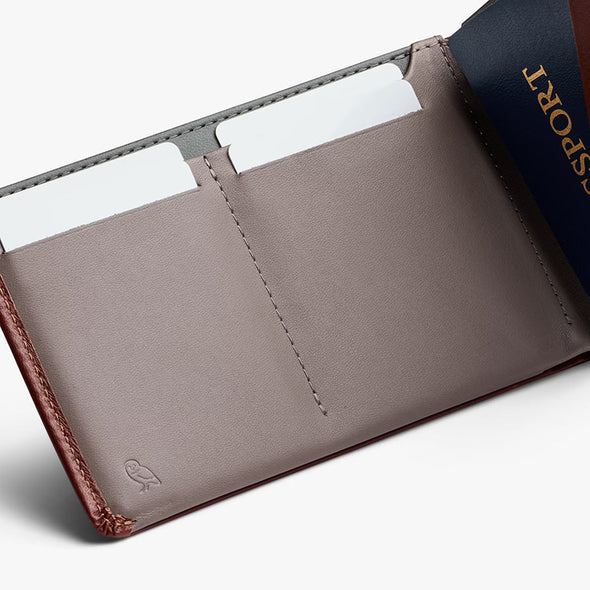 Brown leather wallet with card slots and a passport on a white background