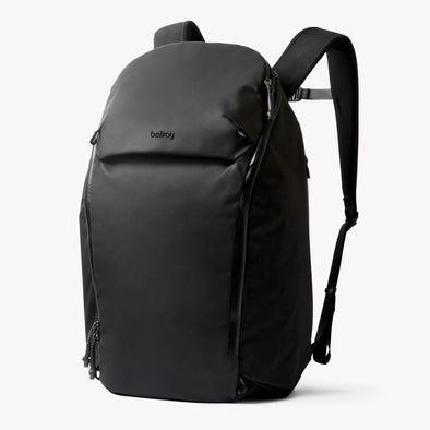 Black backpack with 'bellroy' branding on a white background