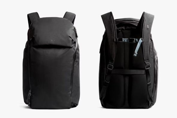 Black backpack shown from front and side views on a white background