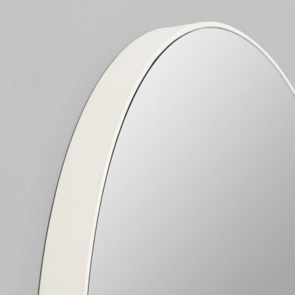 Round mirror with a white frame on a grey background