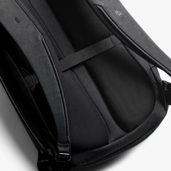 Bellroy Venture Travel Pack 26L Jet Black detail of straps on white back ground