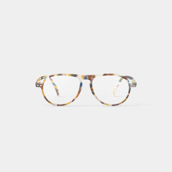 Multicolored eyeglasses on a white background