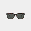 Sunglasses with tortoiseshell frame and dark lenses on a white background