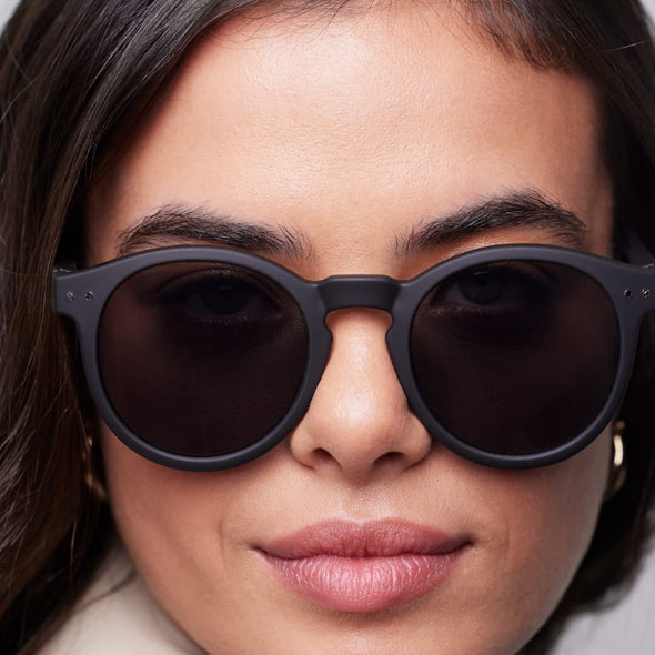 Close-up of a person wearing dark sunglasses with a neutral background