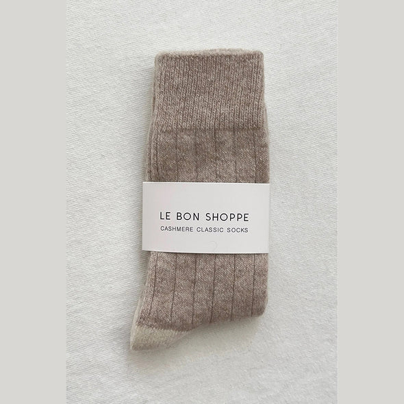 Fawn cashmere sock with 'Le Bon Shoppe' label on a light gray background