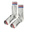 White socks with red and blue stripes and 'Lebon Shoppe' branding on a white background