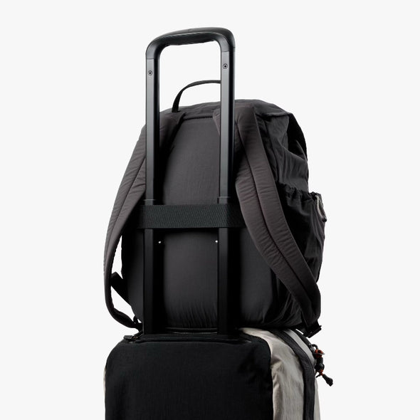 Black backpack with a suitcase on a white background