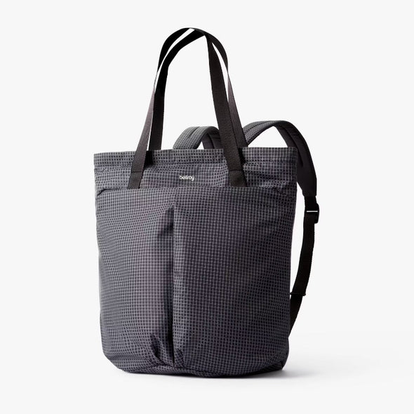 Lite Totepack by Bellroy Arcade Gray checked tote bag with black straps on a white background
