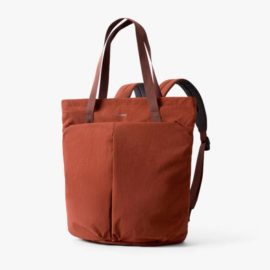 Clay Bellroy tote bag with brown straps on a white background