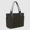 Black tote bag with black handles on a light gray background