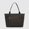 Black tote bag with a zipper on a light gray background