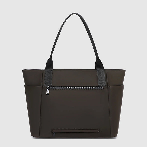 Black tote bag with a zipper on a light gray background