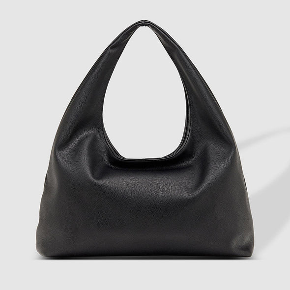 Black handbag on a light gray background