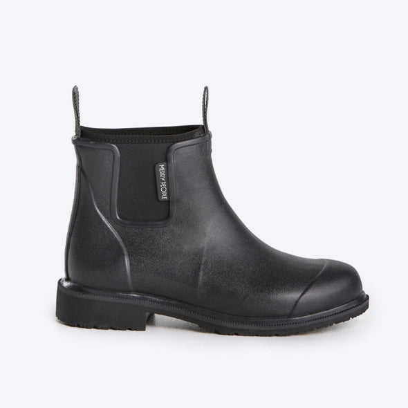 Black rubber Bobbi boot with a brand label on a white background
