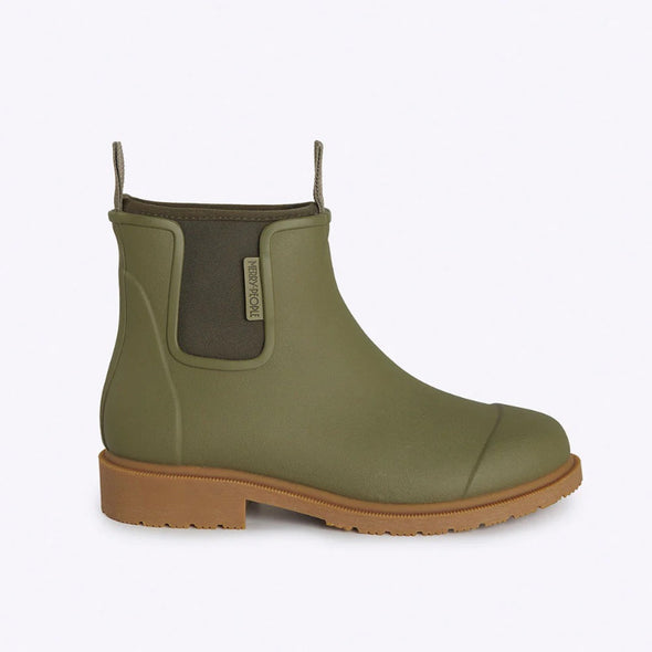Khaki Green rubber boot with brown sole on a white background