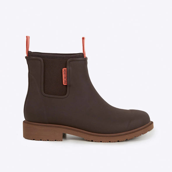 Brown rain boot with a visible brand label on a light gray background