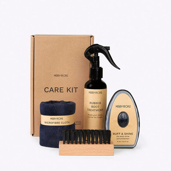 Care kit with rubber boot treatment, microfibre cloth, brush, and buffer on a white background