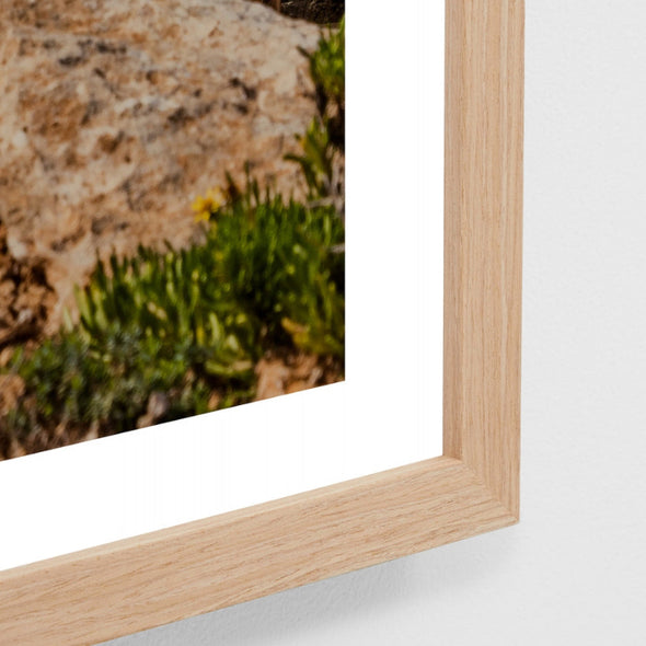 Close-up of a wooden picture frame with a natural scene of rocks and greenery.