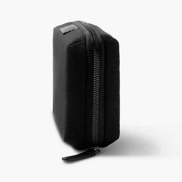 Black zippered pouch on a white background