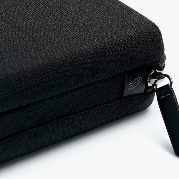 Black zippered pouch with a brand logo on a white background