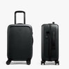 Black suitcase with wheels on a white background