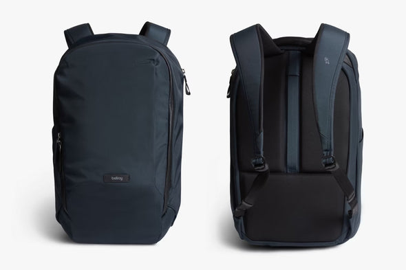 Navy backpack shown from front and back on a white background