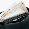 Close-up of a schedule and boarding pass inside a green bag