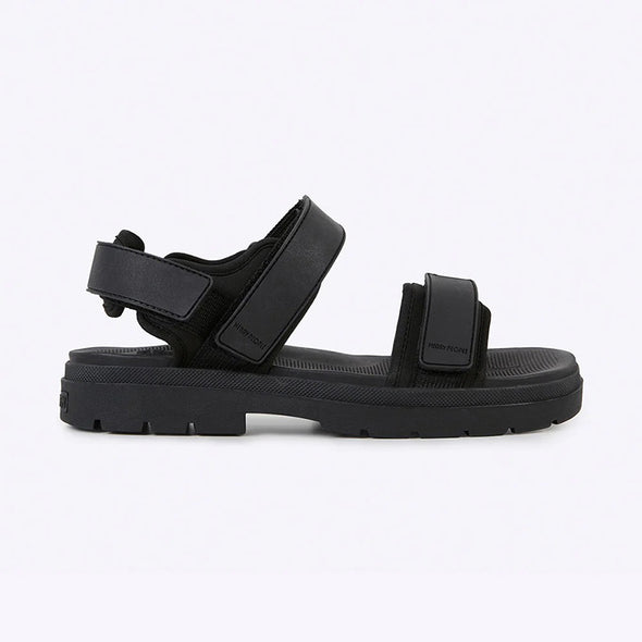 Black sandals with velcro straps on a white background