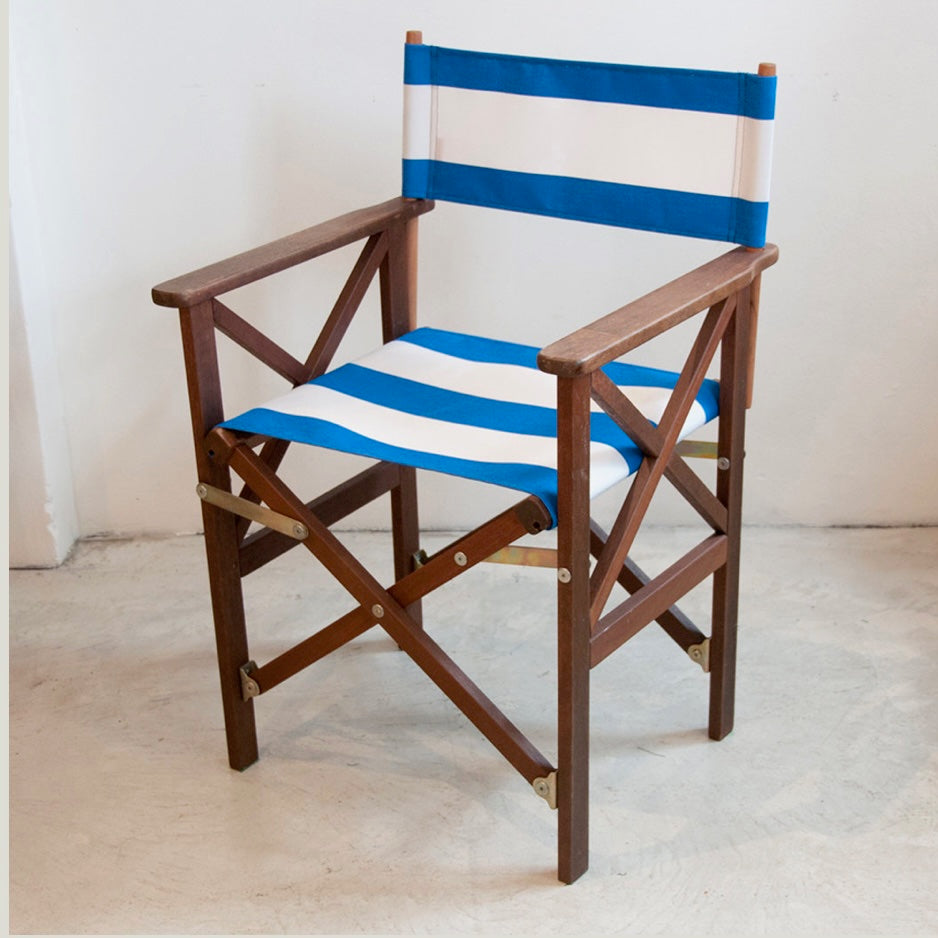 Directors Chair Hardwood Sunbrella Block Stripe Royal Blue White pomegranate